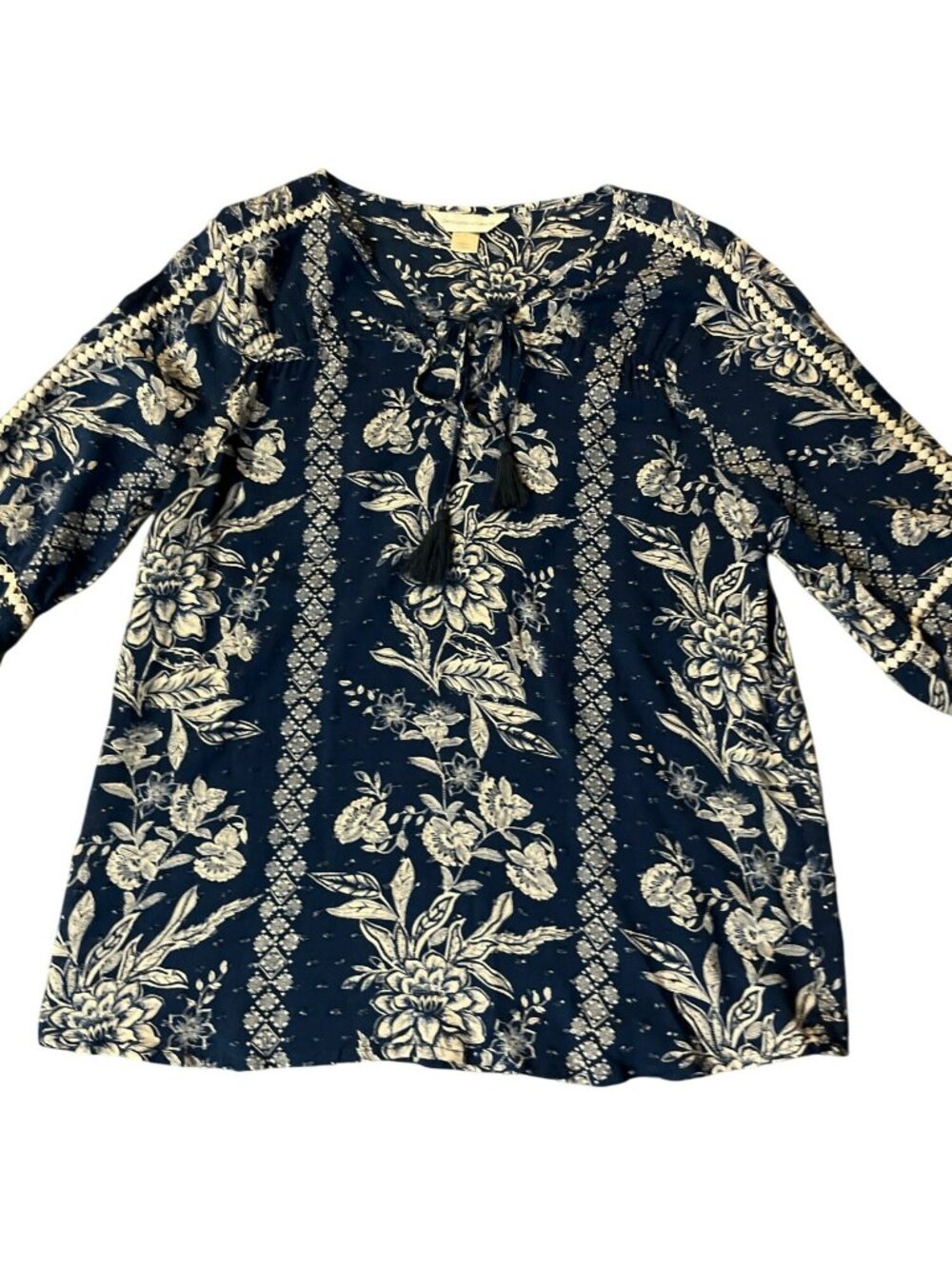 Christopher & Banks Blue Boho Blouse S Tassel Tie Rayon Used Lightweight - Picture 12 of 15